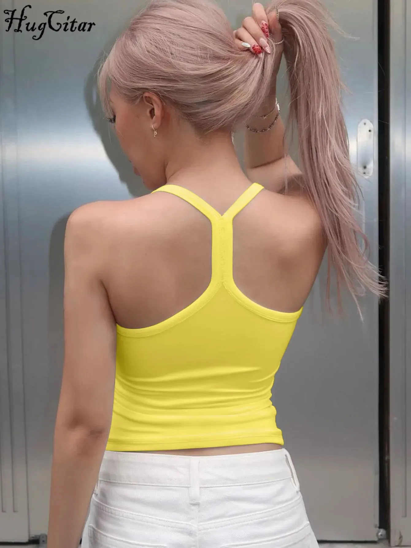 Hugcitar 2026 Summer Solid Slips Backless Sexy Crop Camis Top Women Fashion Y2K Clothes Streetwear Sport Party Club Wholesale