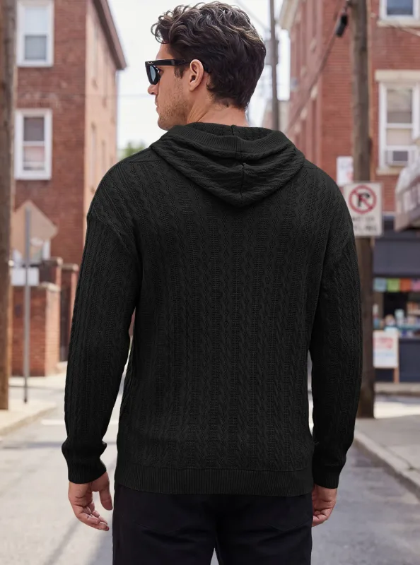 Men Thin Cable Knit Hooded Sweatshirt Drawstring Hood Kangaroo Pocket Long Sleeve Loose Casual Pullover Autumn Daily Street Tops