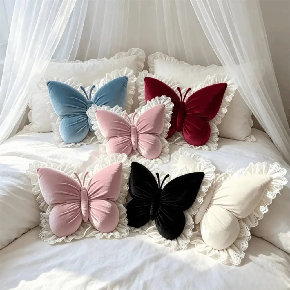 Elegant Velvet Butterfly Pillow Soft Lace Trim Bow Cushion Cute Bow Throw Pillow Gifts