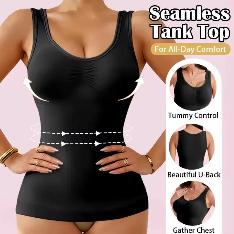 Women Tummy Control Shapewear Classic 2-IN-1 With Padded Bra High Elastic Vest Body Shaper Up Lift Corset Cami Tank Tops 3Colors