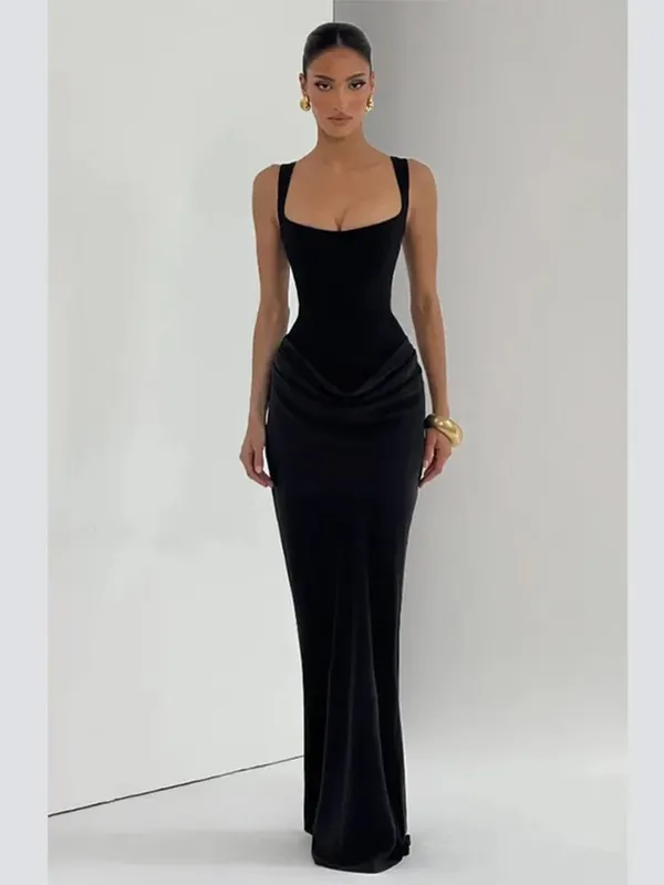 Sexy Luxury Pleated Sling Long Dress Women Elegant Solid Sleeveless Slim Fit Maxi Dresses 2026 Shinny Daily Lady Vestidos New — image 9