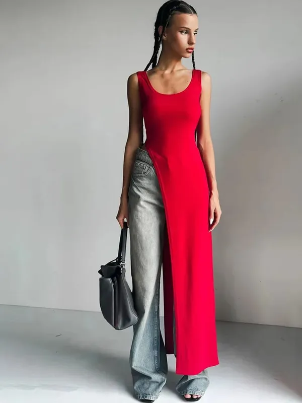 Gaun Midi Tanpa Lengan Seksi Bahagian Sebelah Tinggi Tanpa Belakang Baju Kelab Pesta Musim Panas Wanita Gaya Y2K Warna Pejal — image 3