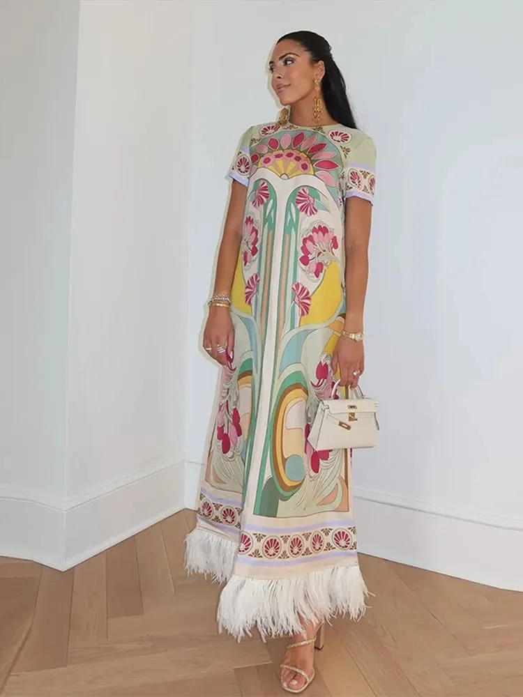 Printed Spliced Feather Tassel Hem Dress Half Sleeve O-neck Loose Maxi Dresses 2026 Summer Fashion Elegant Party Women Outwear — image 5