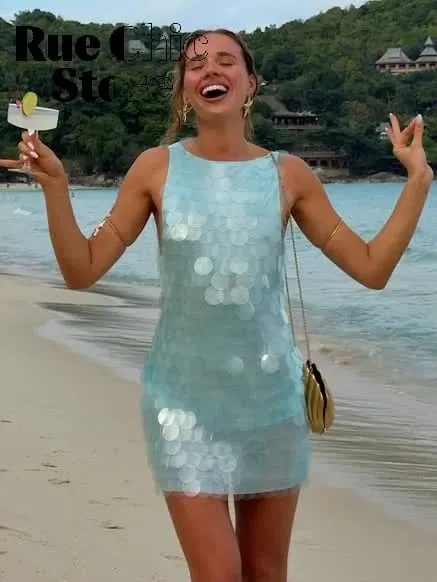 Sexy Sequin Backless Sleeveless Dress Women Chic High Waist Bodycon Sling Mini Dresses 2026 Lady Beach Vacation Party Club Wear