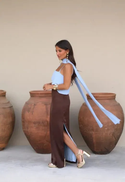 Color Blocking Scarf Collar Suspender Women Maxi Dress Spaghetti Strap High Split Floor Length Evening Dresses Lady Party Robes — image 7