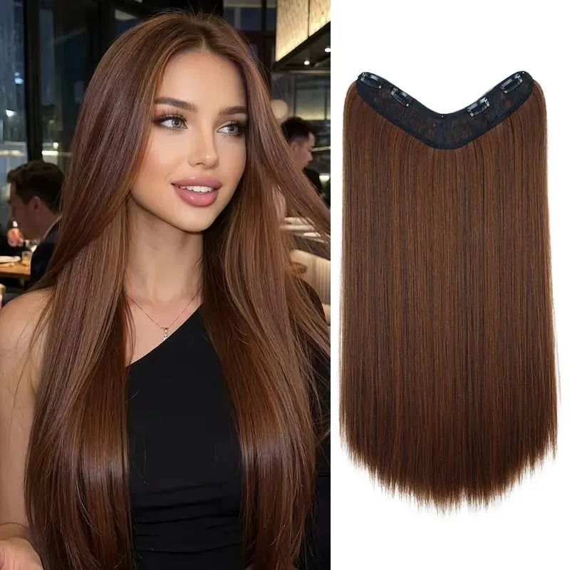 24Inch Synthetic 4-Clip V-Shaped Long Straight Hair Extension One Piece Heat-Resistant Fiber Hairpiece for Women Daily Use — image 9