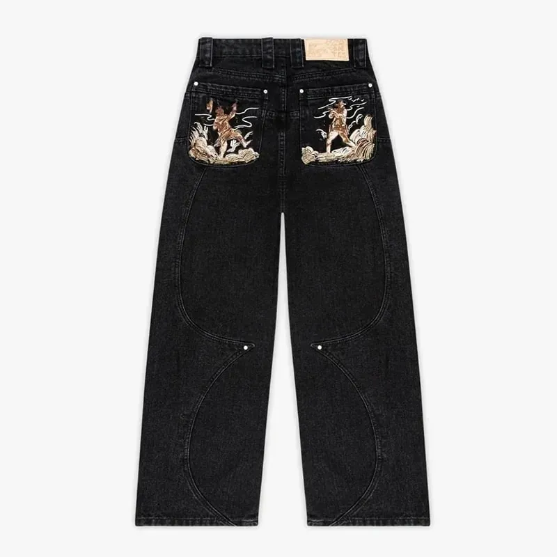 Men Black Baggy Jeans with Warrior Embroidery Pockets Wide Leg Denim Pants Y2K Streetwear Hip Hop Trousers — image 6