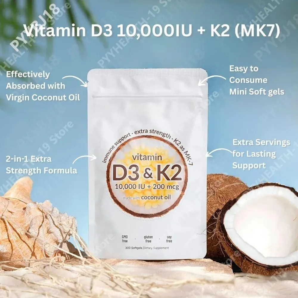 Vitamin D3 & K2 Softgels with 10 000 IU Vitamin D3 & 200 mcg K2 for Immune System & Bone Strength Support Adults 300 Softgels