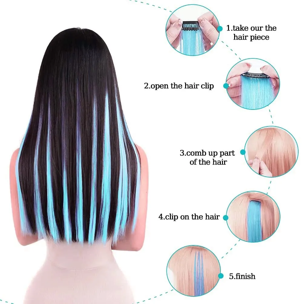 6 Pcs Synthetic Bright Cyan Clip In Hair Extensions Straight Colored Highlight Hair Streaks Heat Resistant Synthetic Fiber — image 2