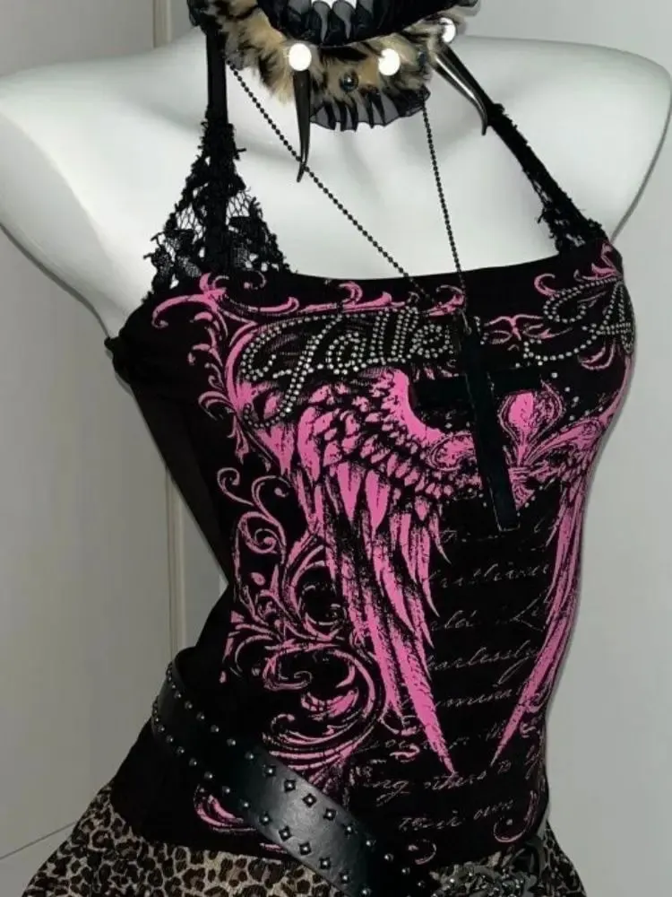 Sexy Lace Y2k Halter Tops Women Clothing Gothic Punk Girl Summer Sling Body Tees Grunge Slim Corset Harajuku Kpop Crop Top Emo