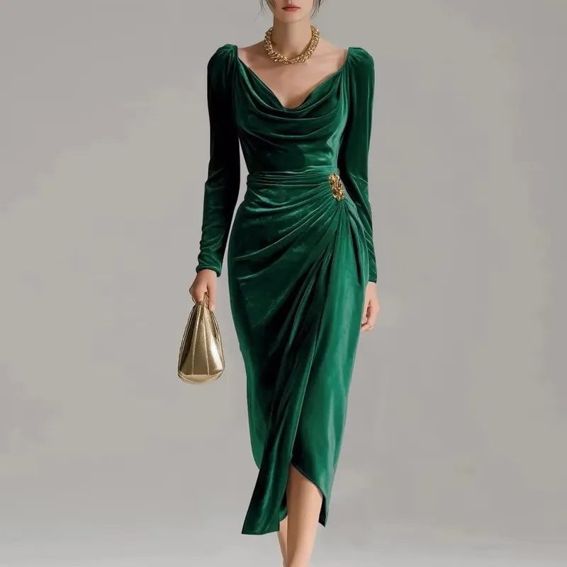 2025 Women's European & American Fashion Leisure Velvet Sexy New Long-sleeved Slimming Pleated Long A-line Split Bodycon Dress — image 6