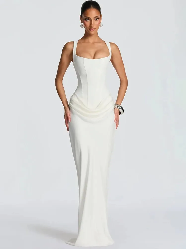 Mozision Backless Ruched Sexy Maxi Dress Women Elegant Square Collar Tapered Straps Sleeveless Bodycon Club Party Long Dress — image 5