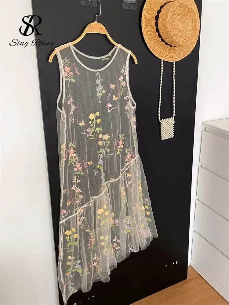 Holiday Floral Embroidery Long Dress 2026 Women O Neck Sleeveless Loose Irregular Summer French Mesh Bohemian Sundress — image 3