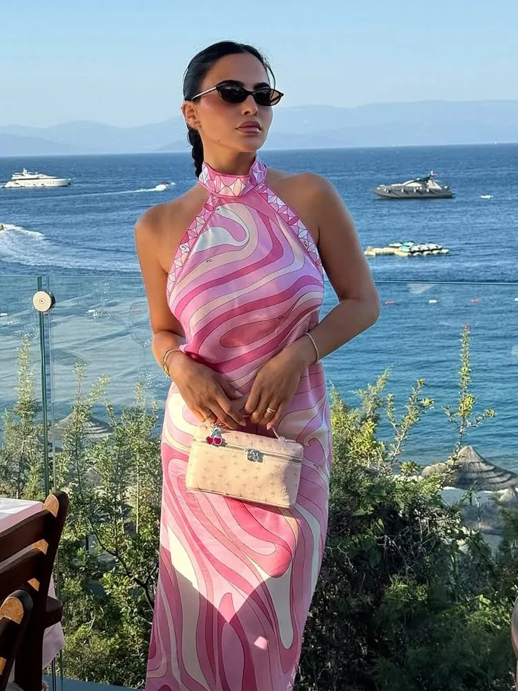 Lady Sexy Printed Halter Dress Sleeveless Off-shoulder Backless Loose Irregular Chic Robe 2026 Women Vacation Street Vestidos — image 5