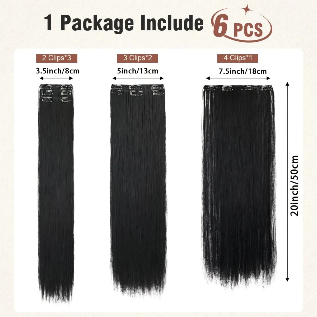 6pcs Clip-in Straight Hair Extensions Suitable for Women - Heat Resistant Synthetic Hairpiece with Look — image 2
