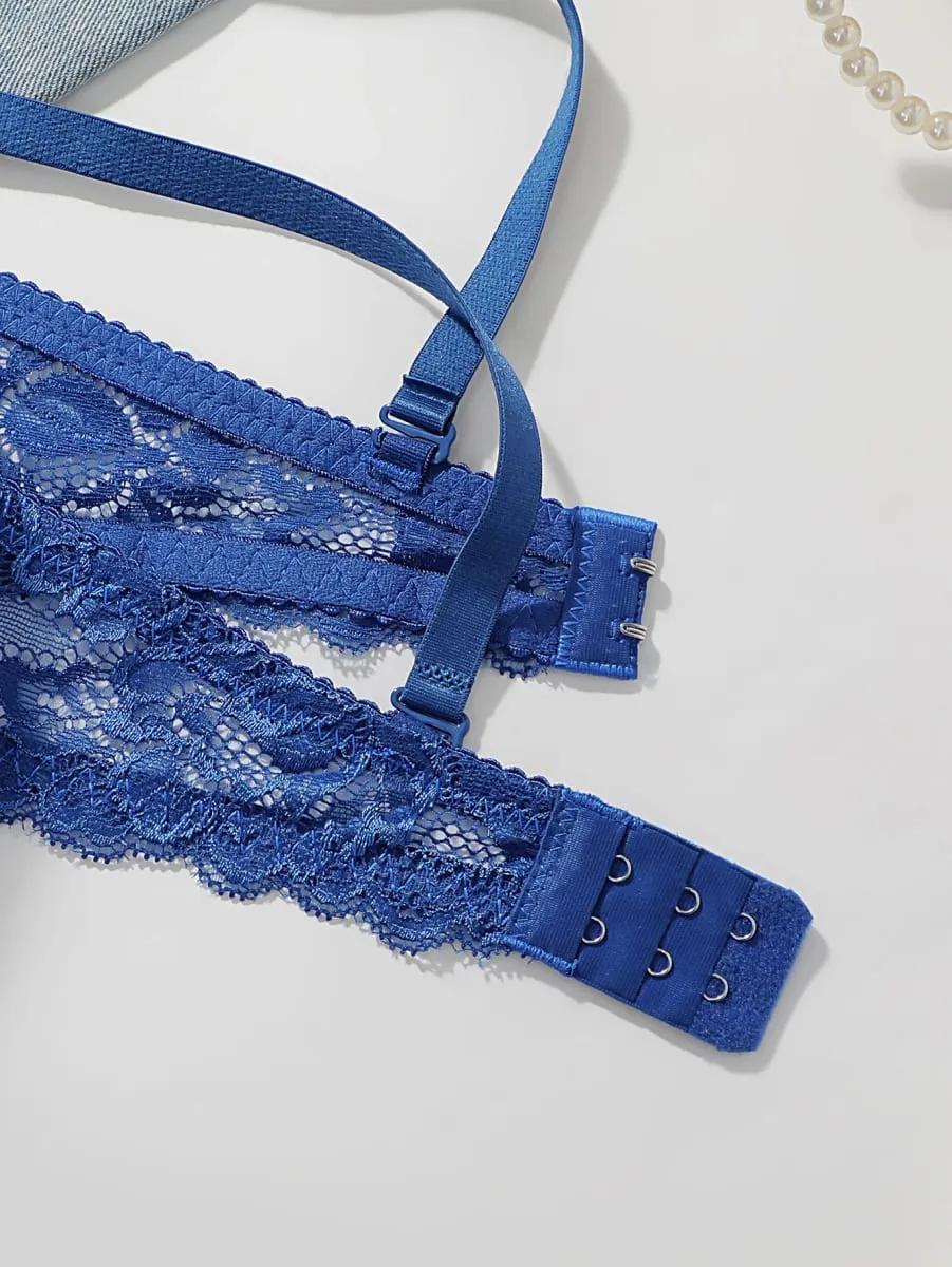 Blue Lace Push Up Bra Set Women Sexy Underwire Bra & Panty Set Lingerie Sets Breathable Ladies Intimates