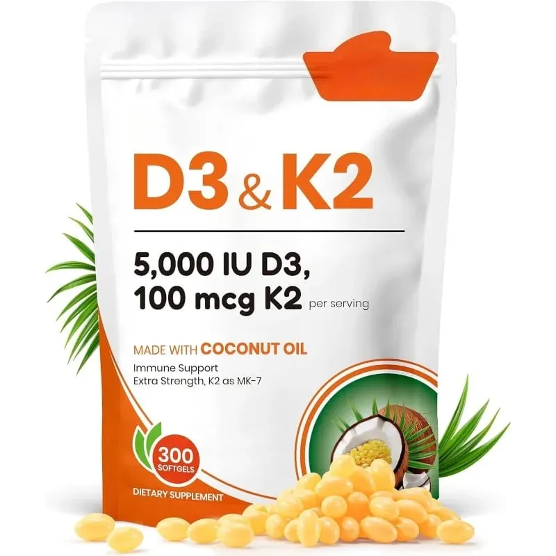 Vitamin D3 K2 Softgels with Coconut Oil 5000 IU D3 & 100 mcg K2 MK-7 Daily Bone Wellness Support for Men & Women 300 Count