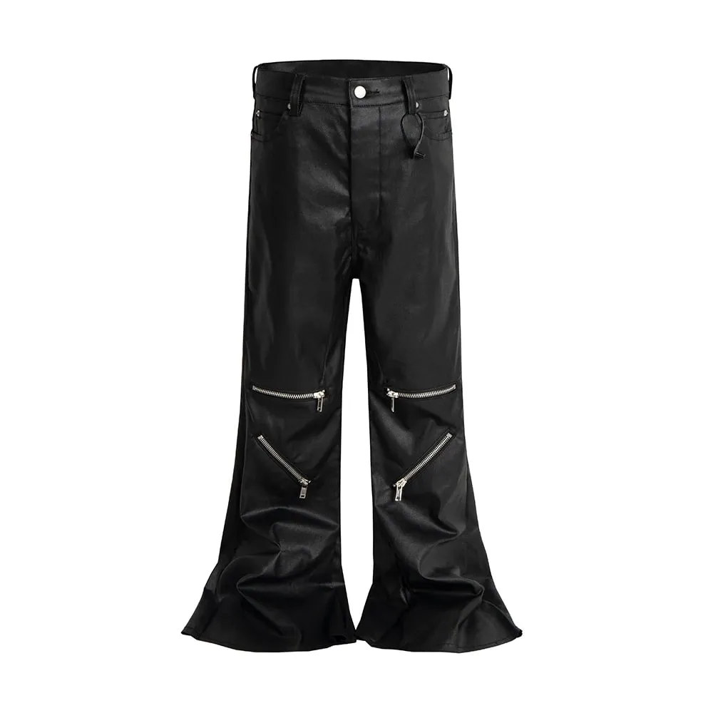 Knee Multi Zipper Coated Micro Flared Jeans for Men Streetwear Baggy Denim Trousers Straight Black Boot Cut