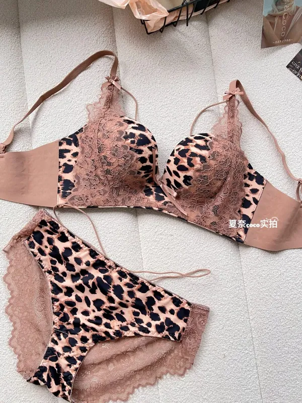 New Sexy Leopard Print Deep V Push Up Bra Lingerie Set for Women Small Bust Push Up Effect Anti Ptosis Daily Wear 32-38 Bra Set — image 10