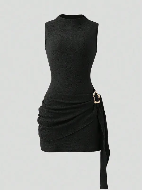Women's Elegant Texture Fabric Pleating Waist Sice Ribbon Slim Fit Mini Dresses Casual Metal Buckle Solid Color Dress Summer