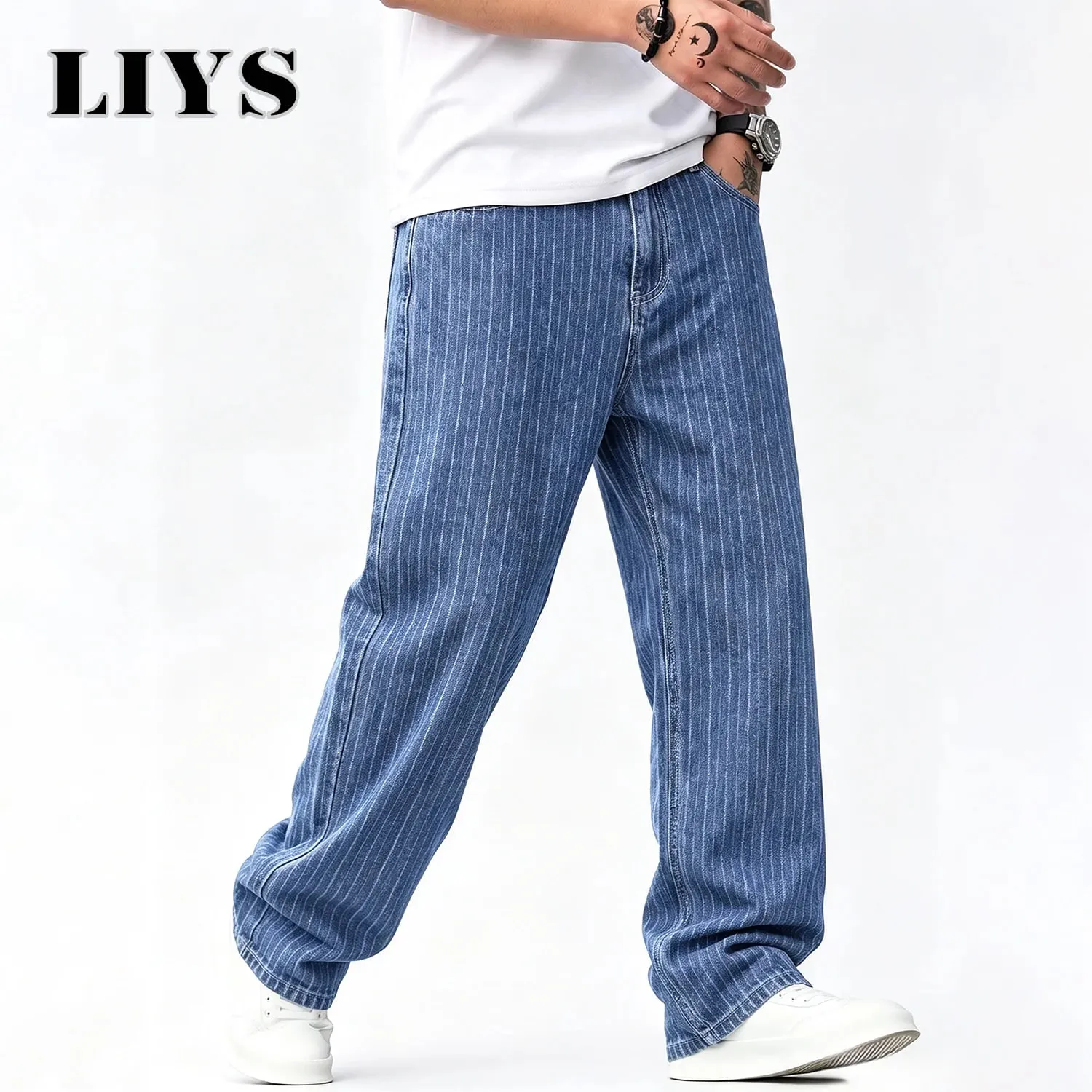 Men Vertical Thin Stripe Jacquard Baggy Denim Pants Classic Blue Loose Wide Leg Straight Leg Vintage Washed Jeans — image 1