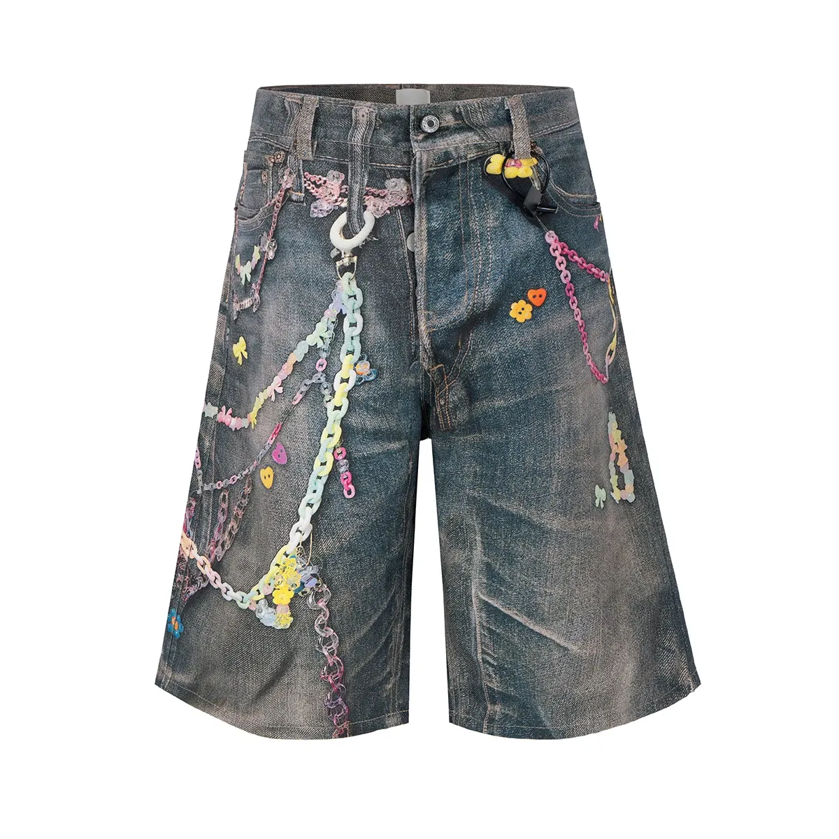 3D Print Baggy Jeans Shorts Men Streetwear Candy Chain Patchwork Summer Wide Leg Casual Loose Knee Length Pants Oversized — image 2