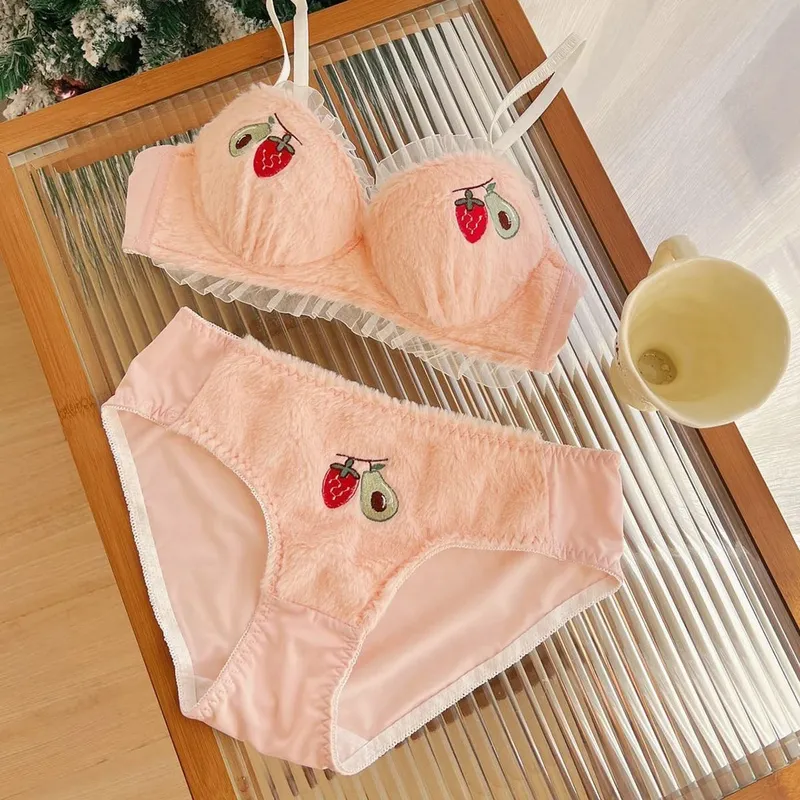 Cute Fruit Embroidery Lace Lingerie Sweet Bras Underpants Underwear Warm Two Piece Sets Sweet Plush Set Sexy Girlfriend Gift — image 8