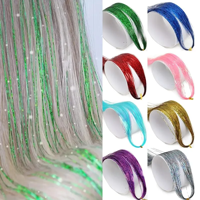 Tinsel per capelli scintillanti Fili sintetici color arcobaleno Copricapo per ragazze Hairbinge Capelli Laser Estensioni dei capelli finti Decor Glitter