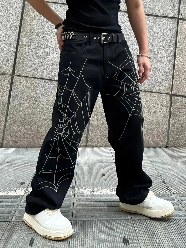 Men's Black Jeans Spider Web Printing Loose Wide Leg Casual Daily Trousers High Street Fashion Trendy Streetwear Denim Pants — image 9