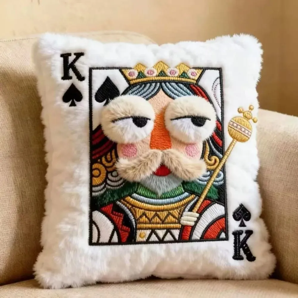 Patchwork Style Poker Card Cushion High-Value Design Card Game Theme Embroidered Pillow 3D Big Eyes Plush Cushion Gift Giving