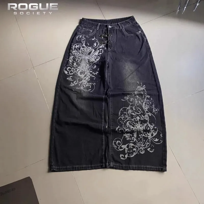 Summer Y2K Vintage Cross Print Denim Pants Men Gothic Wide Leg Baggy Straight Harajuku Trousers Grunge Streetwear Jeans Unisex — image 2