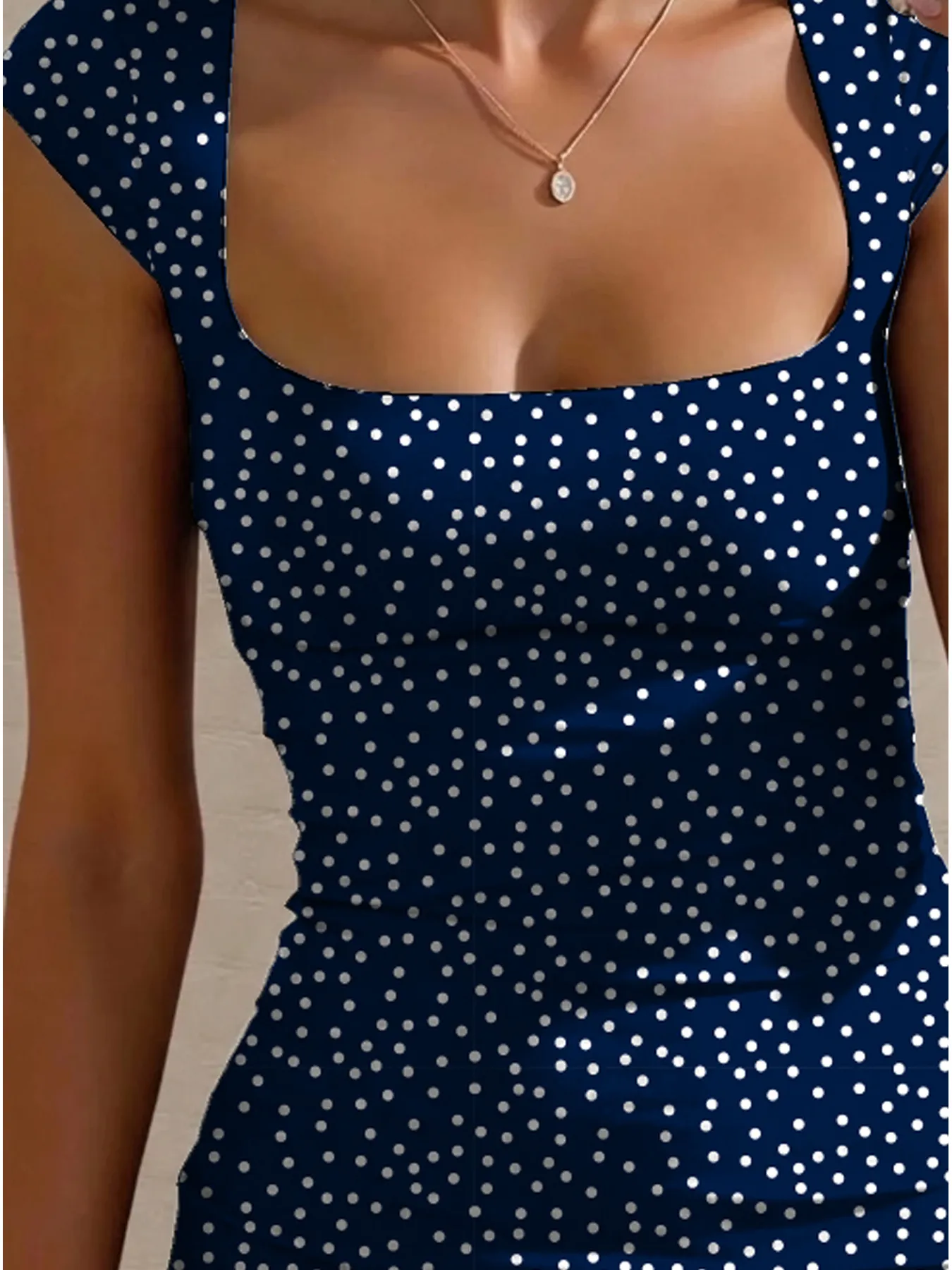 Women's Summer Casual Waist Cinched Square Neck Polka Dot Printed Sleeveless Dress Mid Length Skirt