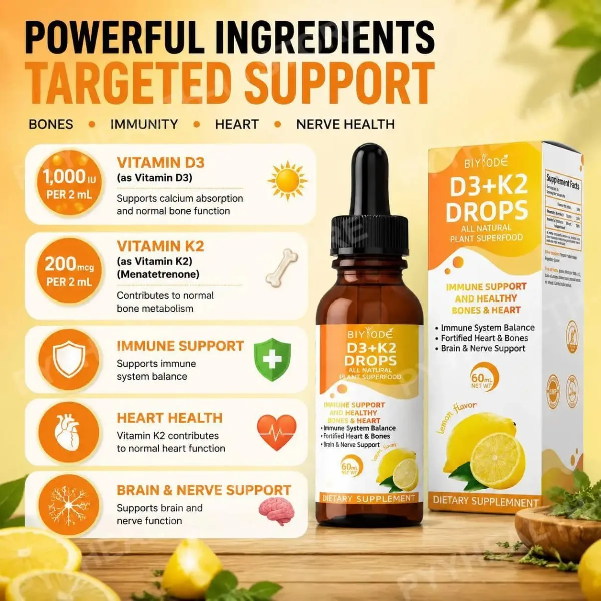 Vitamin D3 K2 Liquid Drops Calcium Absorption and Bone Support 1000 IU D3 with K2 Lemon Flavor 60 ml 30 Servings — image 5