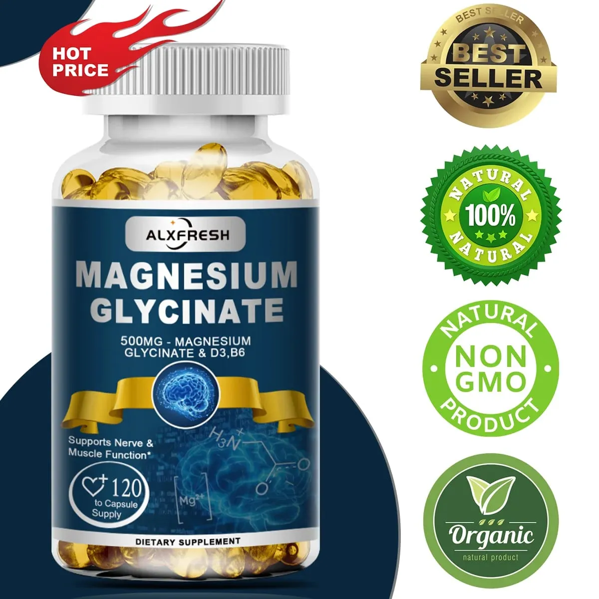 Alxfresh Magnesium Glycinate 500mg Κάψουλα Ψευδάργυρος Βιταμίνη D3 B6 για μυϊκή άρθρωση Νεύρων Ποιότητα ύπνου Άγχος Άγχος Διάθεση Υγεία — image 1