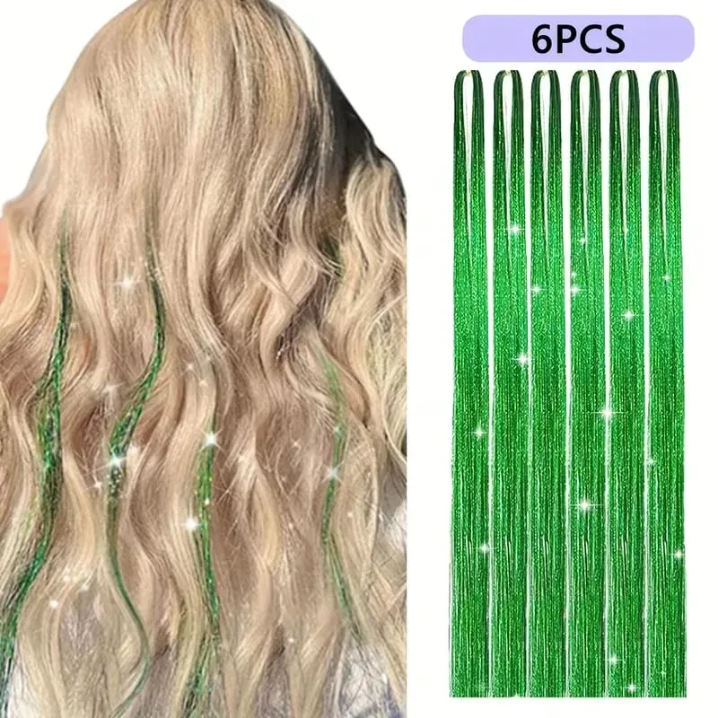 6pcs 22inch Colorful Glitter Tinsel Hair Extensions Fairy Hair Extension Hair Extension Tinsel Glitter Hair Synthetic Extensions — image 7