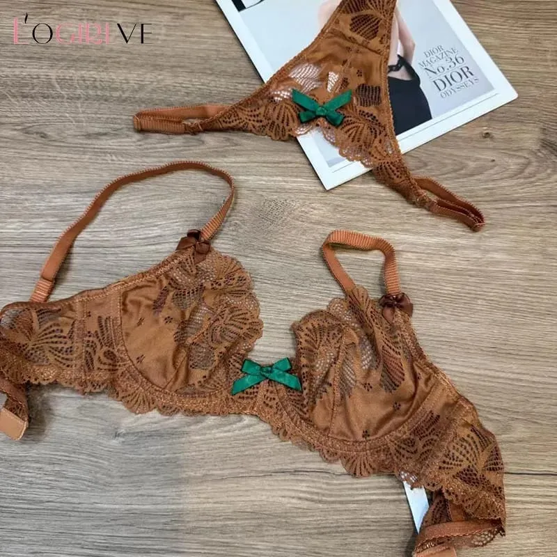 Logirlve French Sexy Women Underwear Set Ultra Thin Lace Embroidery Bra Set Comfort Breathable Brassiere and T-back Lingerie Set — image 2
