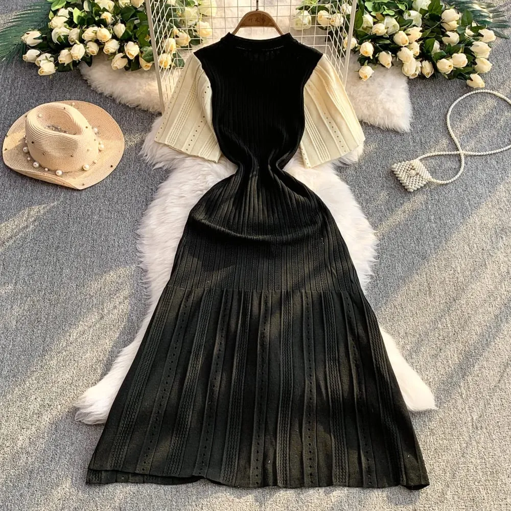 YuooMuoo Women Dress 2026 Spring and Summer Elegant Patchwork One-Piece Knitted Maxi Dress Office Lady Slim Waist Sweater Dress — image 6
