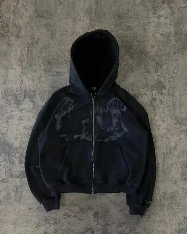 Mens Zip Up Hoodie Dark Blue Wings Print Unique Graphic Y2K Streetwear American Urban Pullover Youth Clothing Hooded Sweatshirt — image 6