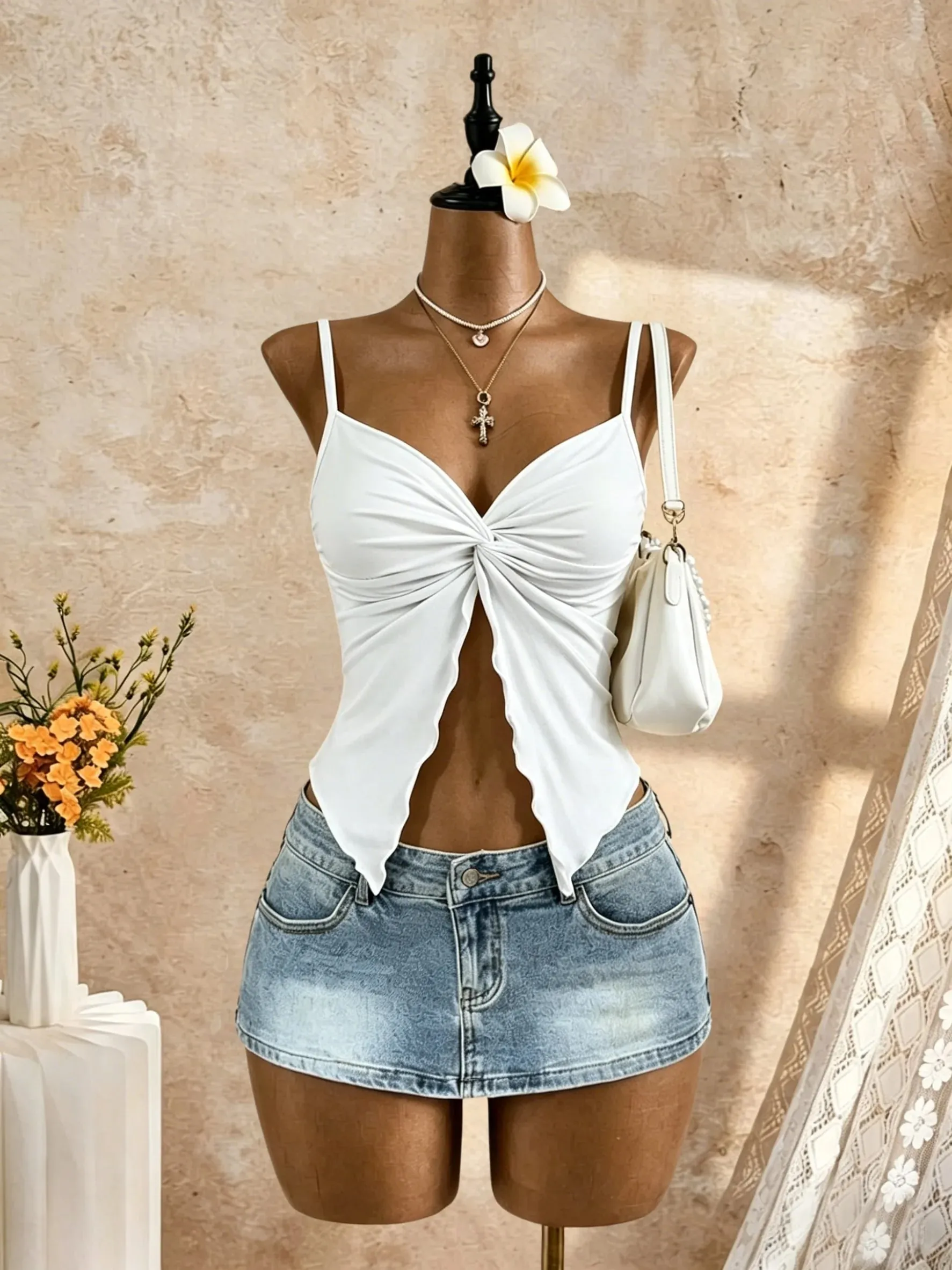 Women Spaghetti Strap V Neck Twist Front Cut Out Ruffle Irregular Hem Slim Fit Crop Cami Top 2026 Summer Y2K Solid White Sleevel — image 1