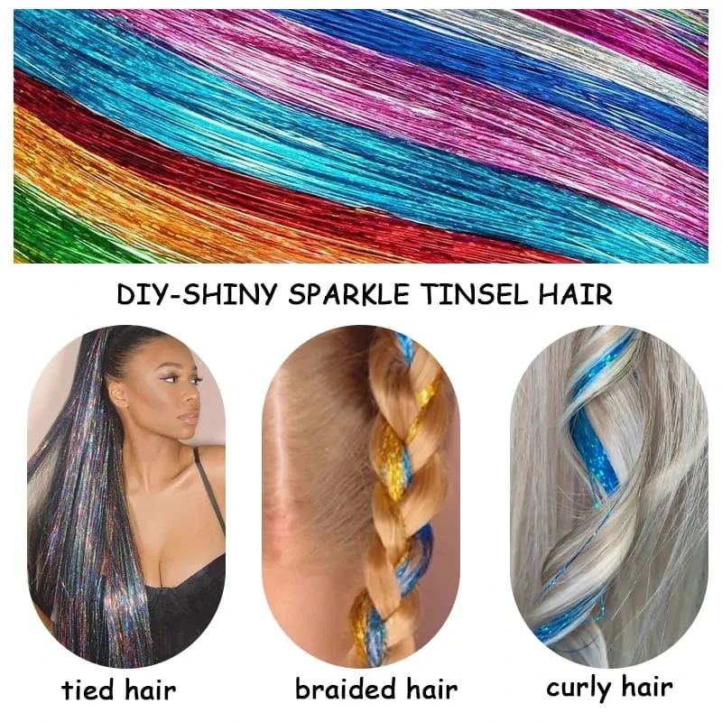 2PCS Synthetic Hair Tinsel Clip in Extensions Colored Sparkle Hair Tinsel Kit with BB Clip for Kids Girls Christmas Party Use — image 5