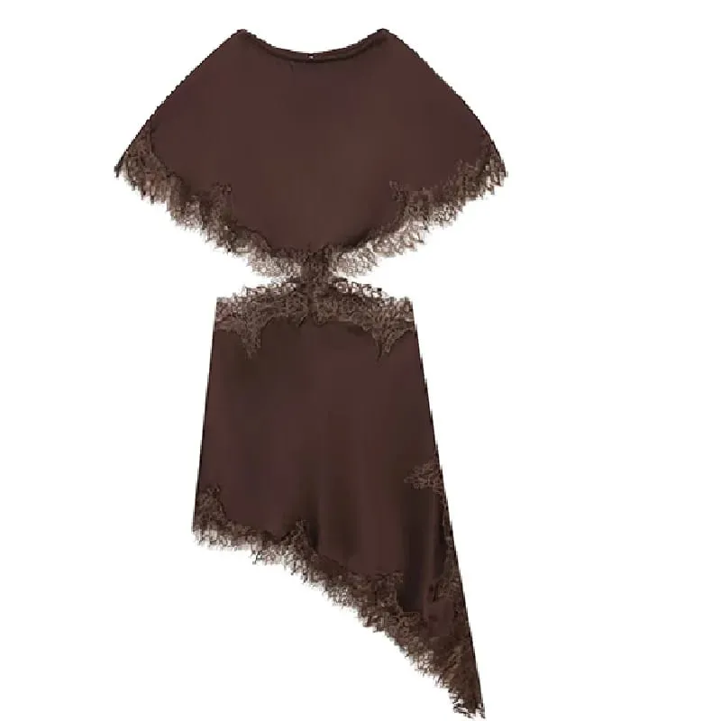 Cut Out Black Dress Woman Asymmetrical Lace Midi Dress Cape Sleeve Elegant Party Dresses Women Sexy Luxury Cocktail Dress — image 7