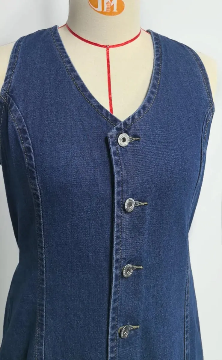Denim Dress Women Mid Length Dresses Vest Vestidos Y2k Streetwear Elegant Splice Party Night Work V Neck Sleeveless Tight Waist — image 6