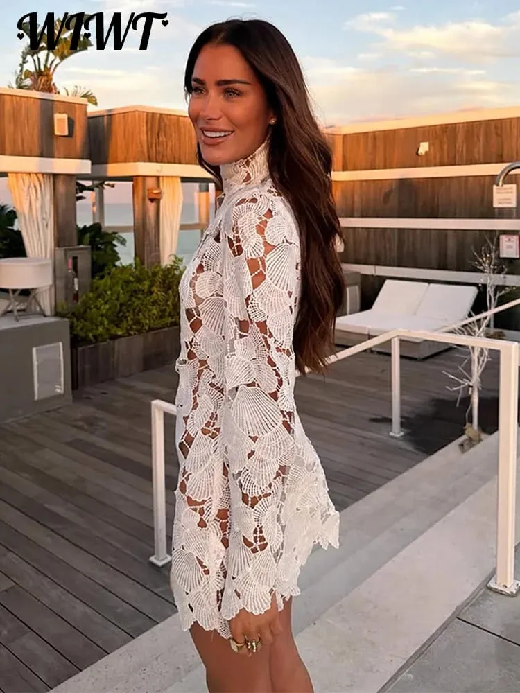 White Crochet Hollow-out Mini Dresses Women's Sexy Irregular Hem Stand Collar Full Sleeve Dress 2026 Summer New Lady Party Gowns — image 1