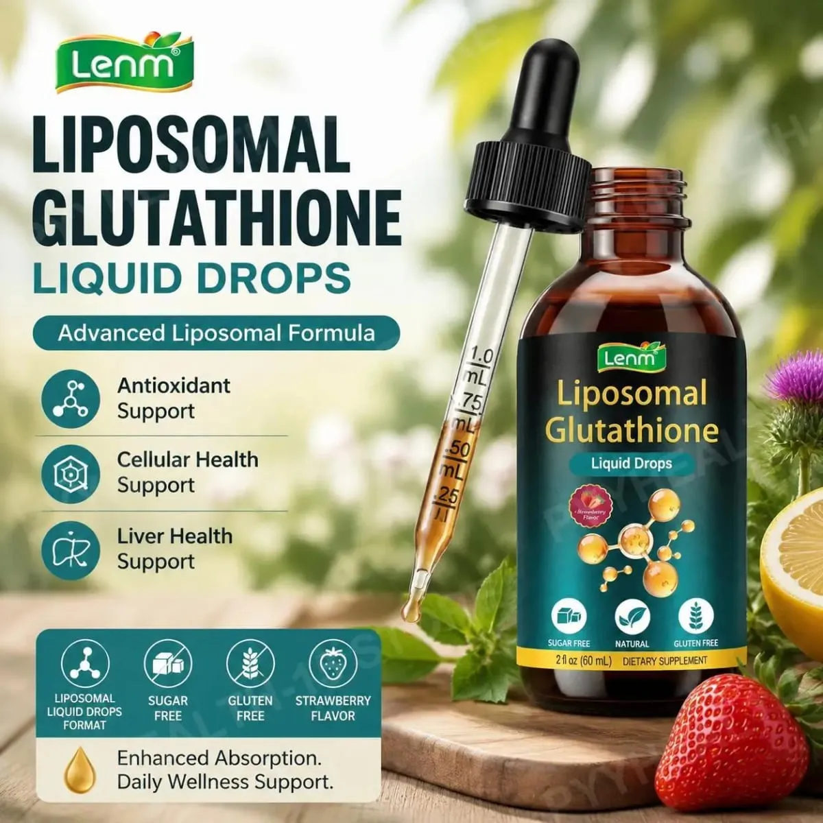 Lenm Liposomal Glutathione Liquid Drops for Antioxidant Cellular & Liver Support with NAC Vitamin C Strawberry Flavor 60 mL