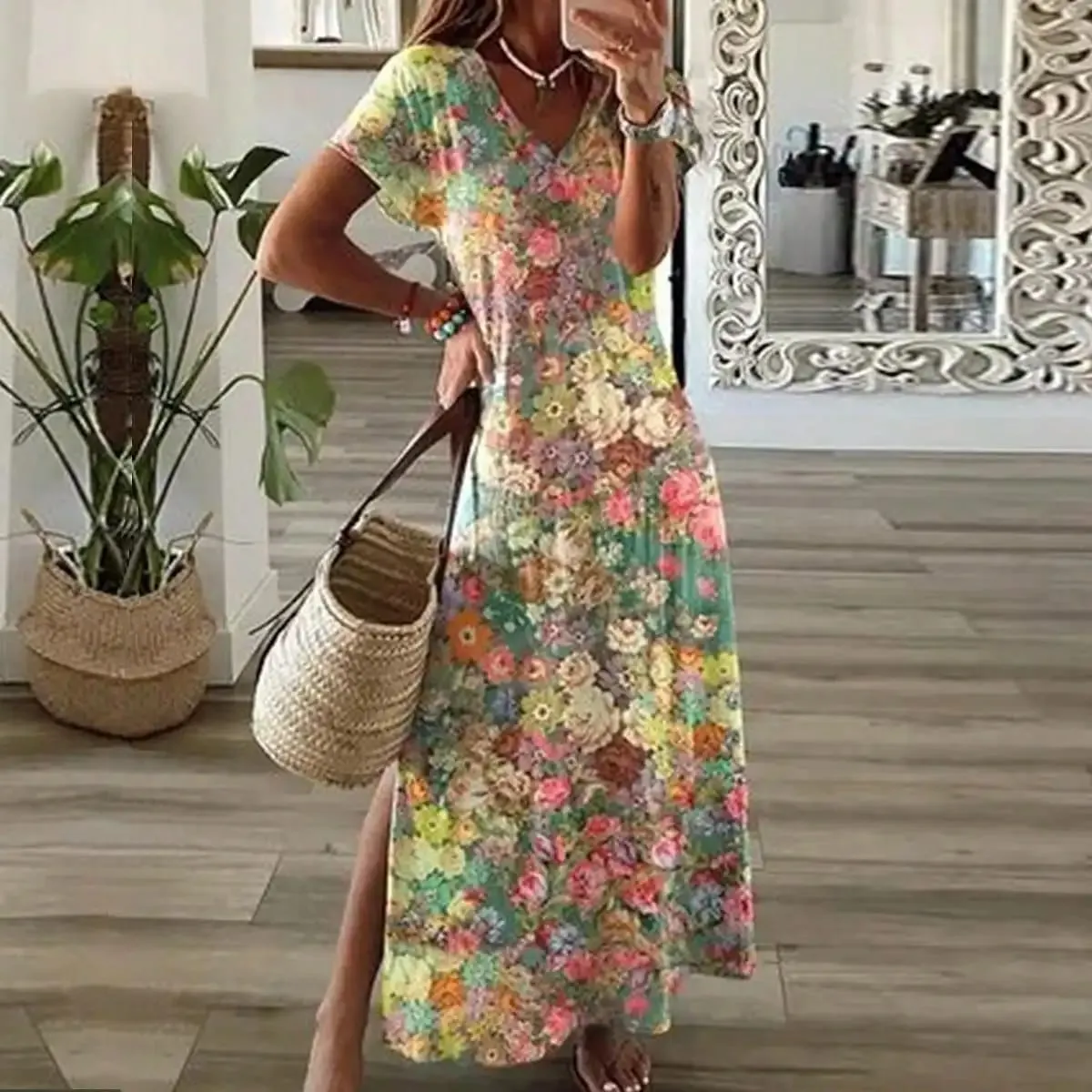 2026 Summer New Fashion Womens Colorful Floral Print V Neck Short Sleeve Maxi Dress Side Slit Summer Boho Loose Fit Long Dress — image 6