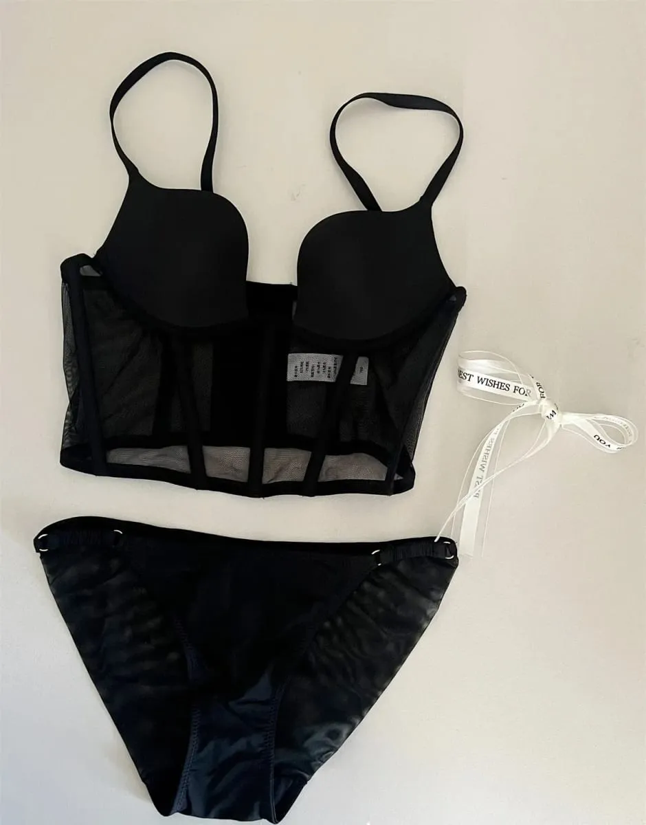 Sexy black fishbone bra underwear with steel ring top support lingerie bra set gathering women large size bralette — image 6