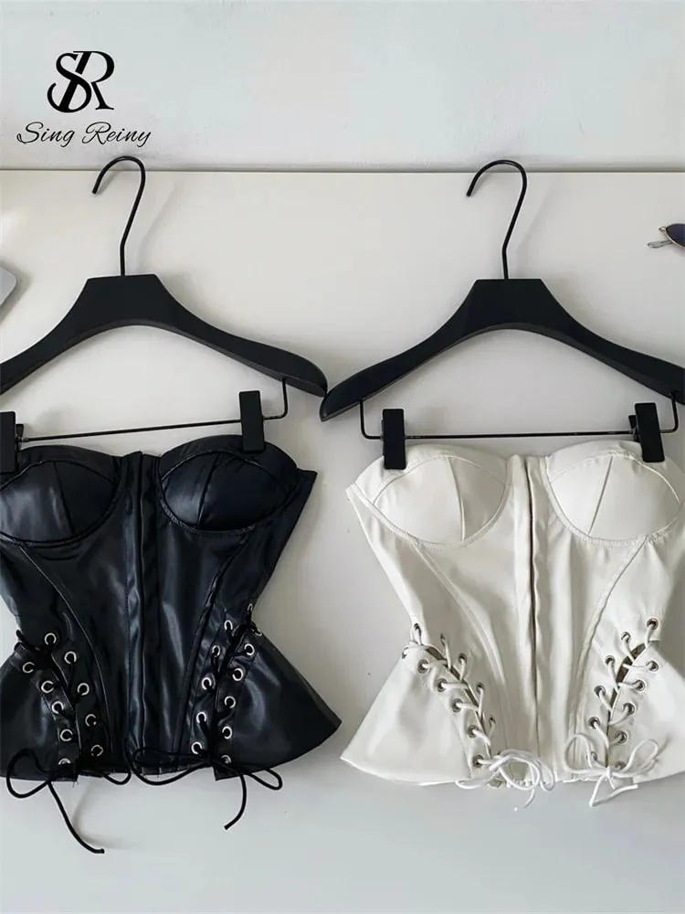 PU Leather Sensual Club Bustier Strapless Slim Lace Up Shirred Backless Camis Female Edgy Streetwear Fashion Tank Tops — image 2