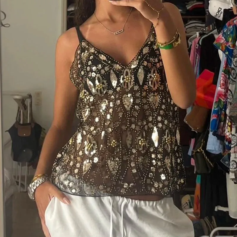 Floral Geometric Sparkly Tank Tops Women Sheer Mesh Sequin Camis V Neck Spaghetti Strap Y2K Club Night Out Festival Party Vest
