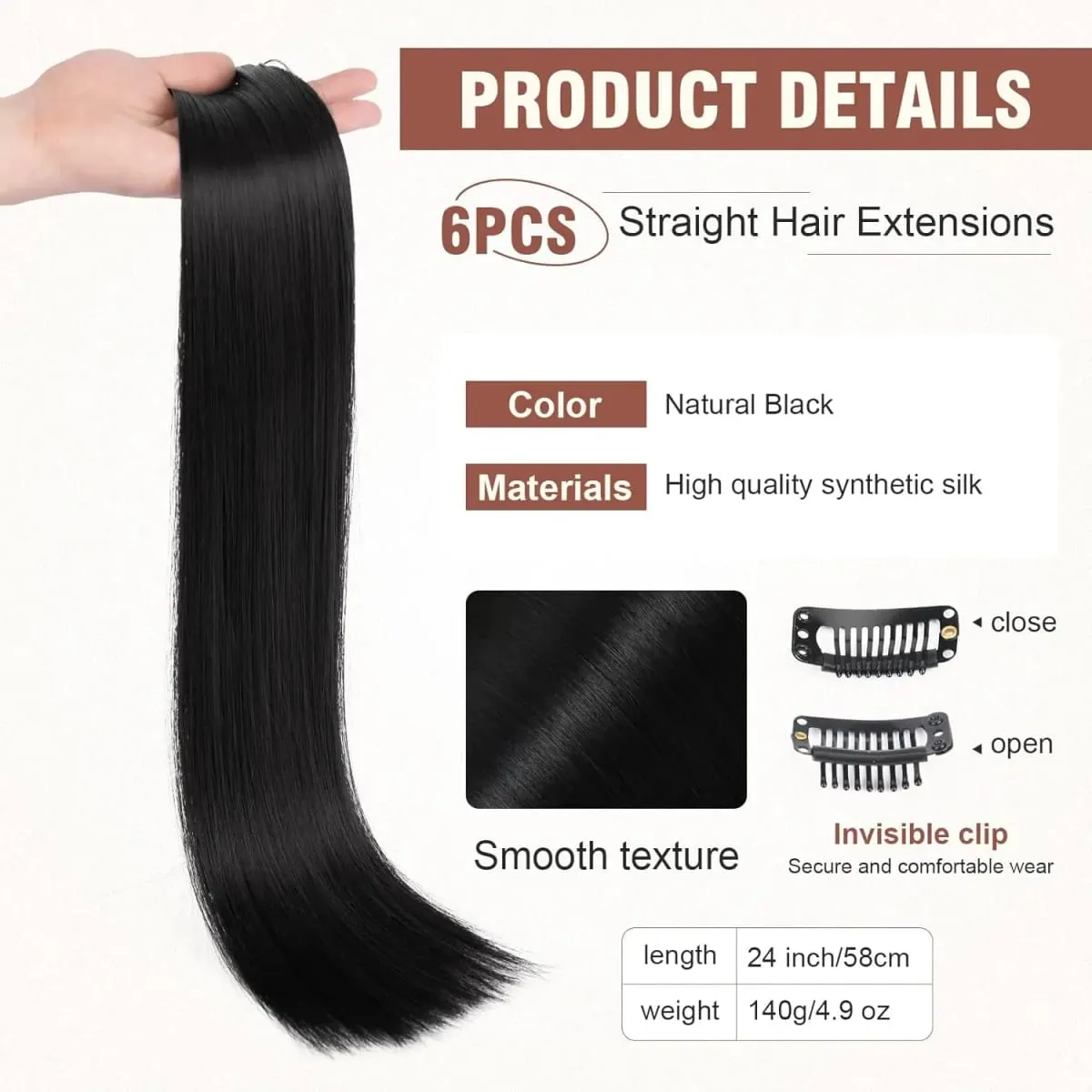 6Pieces/Set Clips in Hair Extensions 24 Inch Synthetic Long Straight Extensions for Women Hairpiece — image 8