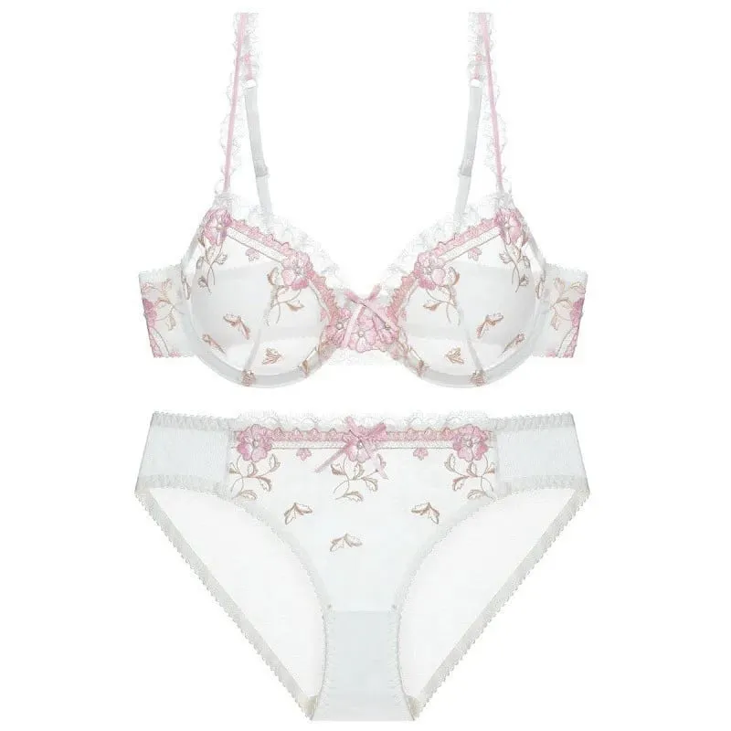Floral Embroidery Sheer Mesh Lingerie Set Women Underwire Bra Panty Set Romantic Lace Intimate Sleepwear For Dating Night